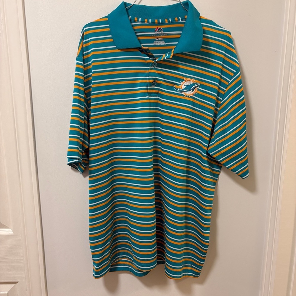 Majestic Miami Dolphin polo shirt Teal Orange Stripes Size XL embroidered